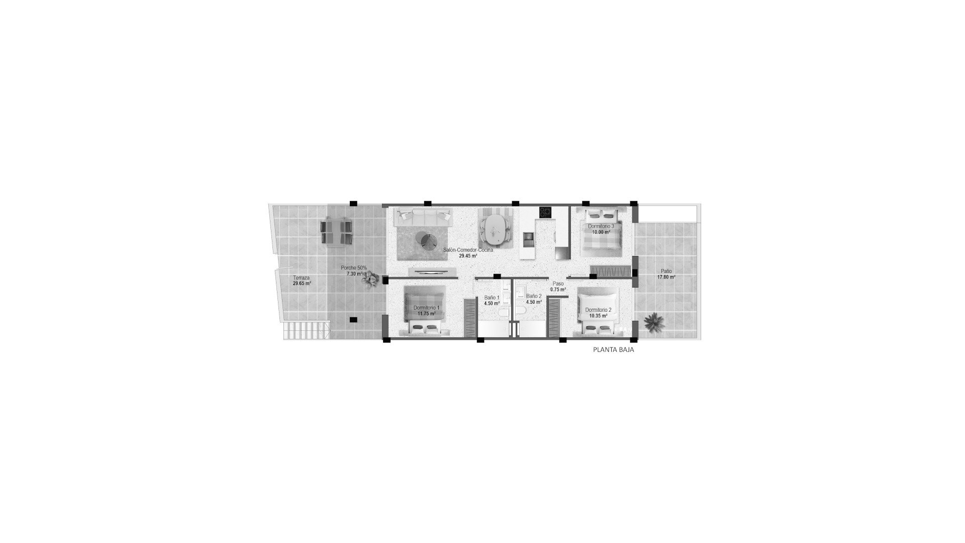 Bungalow floor plan, 3 bedrooms in PLAYAMAR XIII No. 4